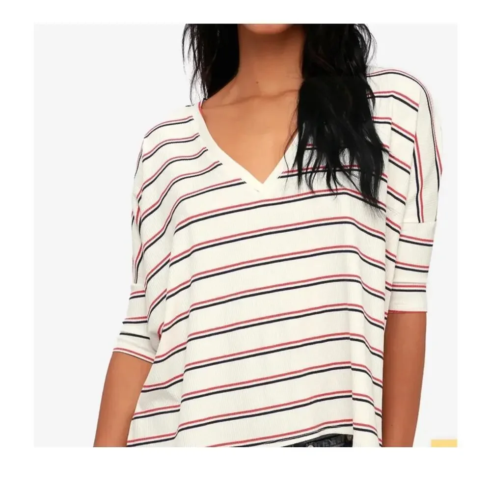Lulus Striped V Neck Ribbed Knit Oversized Tshirt Size Small